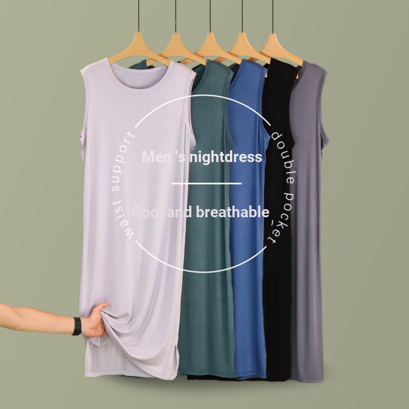 Imagem Camisola masculina Modal vestido fino solto colete saia Loungewear roupão de comprimento médio confortável respirável ve
