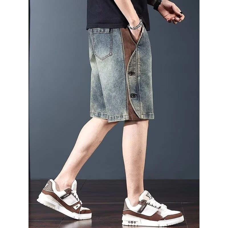 Americano pesado Retro Denim Shorts masculino verão solto em linha reta rua Wear costura calças de cinco pontos masculin