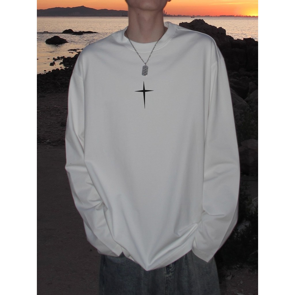 American Street Wear Novo estilo versão coreana puro algodão estampado camiseta de manga comprida masculina primavera ou