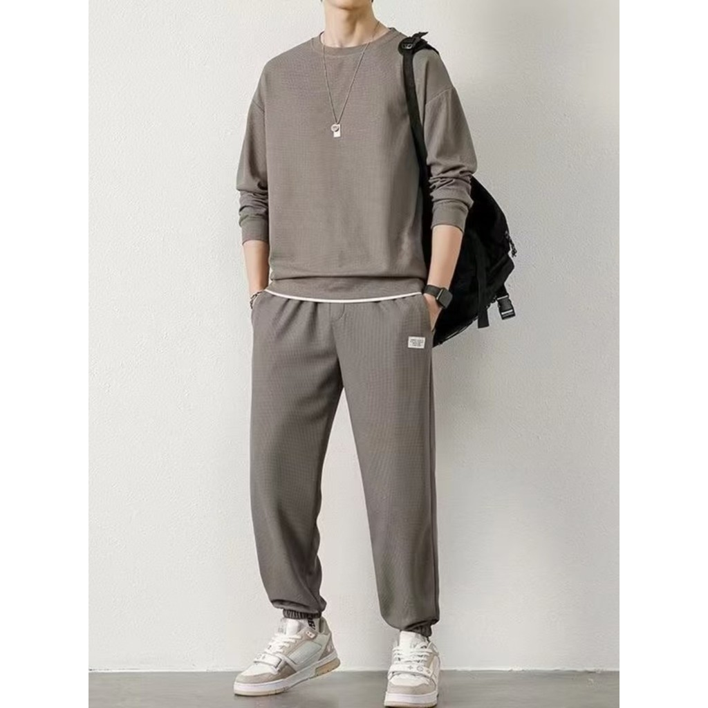 Waffle moletom terno masculino Street wear primavera outono solto Casual puro algodão roupas esportivas masculinas combi