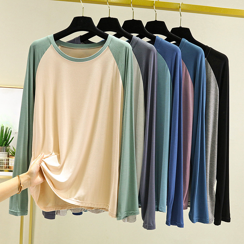 Modal camisa de fundo de manga comprida feminina cor-bloqueando solto topo Casual em torno do pescoço camiseta primavera