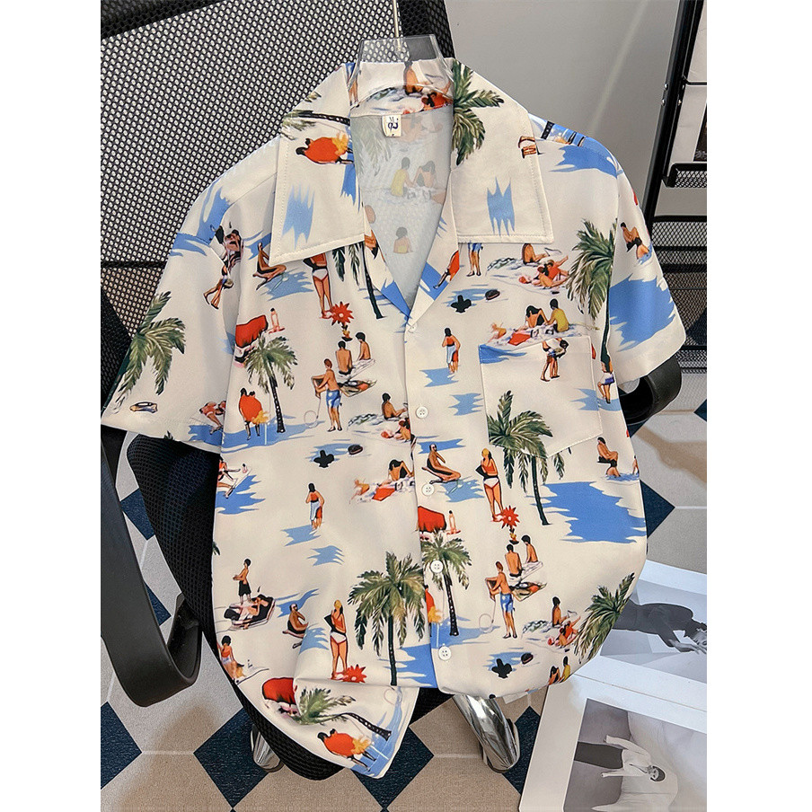 Camisa de manga curta estampada de praia americana masculina na moda solta Casual camisa de meia manga havaiana Top boni