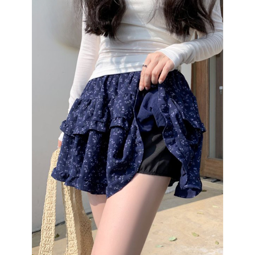 Francês doce Floral saia feminina verão estilo balé cintura alta mais magro olhar folha de lótus renda a linha bolo saia