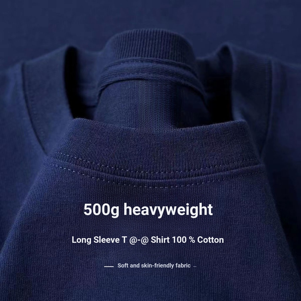 500g americano ins simples azul marinho de manga comprida camiseta masculina primavera outono Street Wear estilo básico 