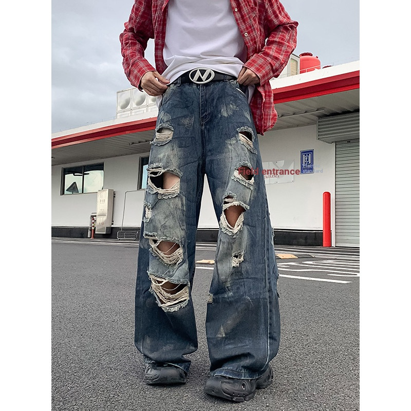 Calça Jeans rasgada americana vibe masculina e feminina, roupa de rua solta, suja, tingida, reta, mendigo, Puffian, boni