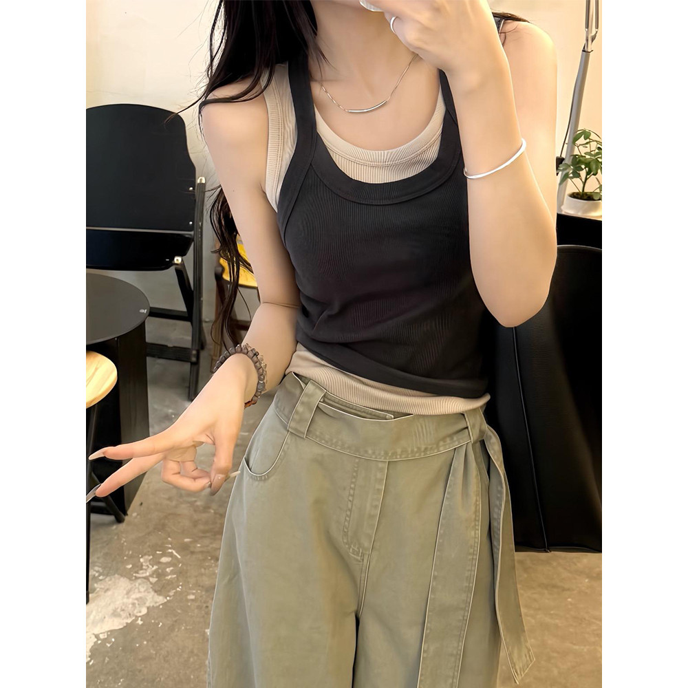 Cinza de duas peças estilo coreano em camadas terno de duas peças topo feminino 2026 novo estilo verão nicho Design cole