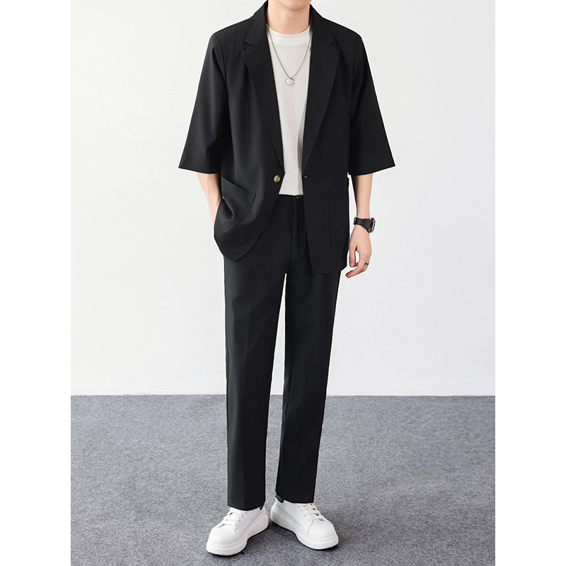 Blazer drapeado de seda gelo masculino verão High-End sentido não-ferro manga três quartos topo na moda All-Ma