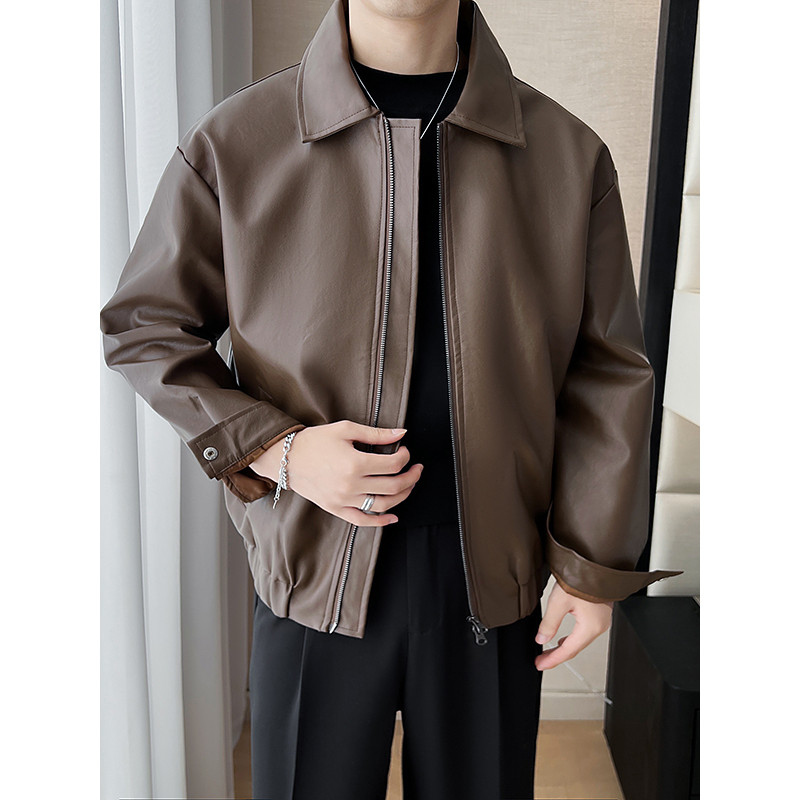 Jaqueta de couro pu com zíper duplo masculina primavera outono Street Wear vibe solta jaqueta de motocicleta macacão de