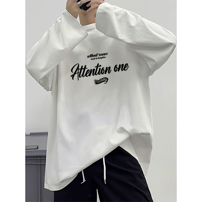 Primavera outono puro algodão carta de manga comprida camiseta masculina solta tamanho grande Street Wear camiseta ins c