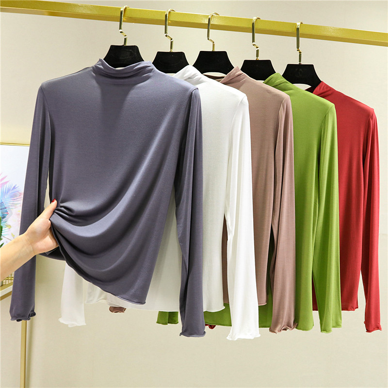 Modal meia gola alta camisa de fundo feminina primavera outono manga comprida estilo ocidental camiseta interna preto br