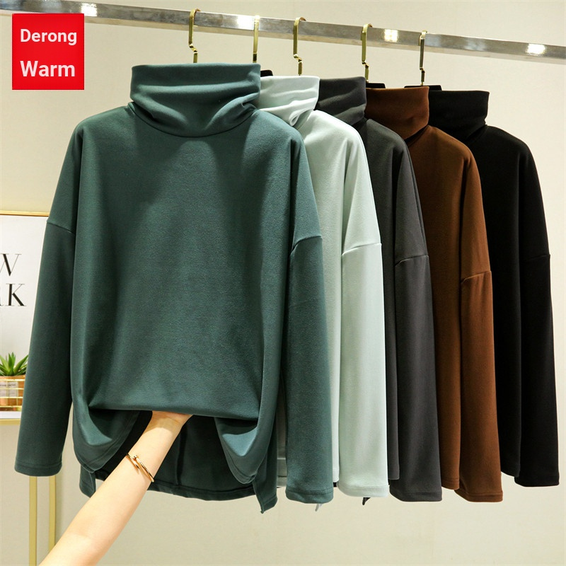 Outono inverno forro de lã solto manga comprida gola alta camiseta feminina veludo alemão Close-Fitting interior em cama