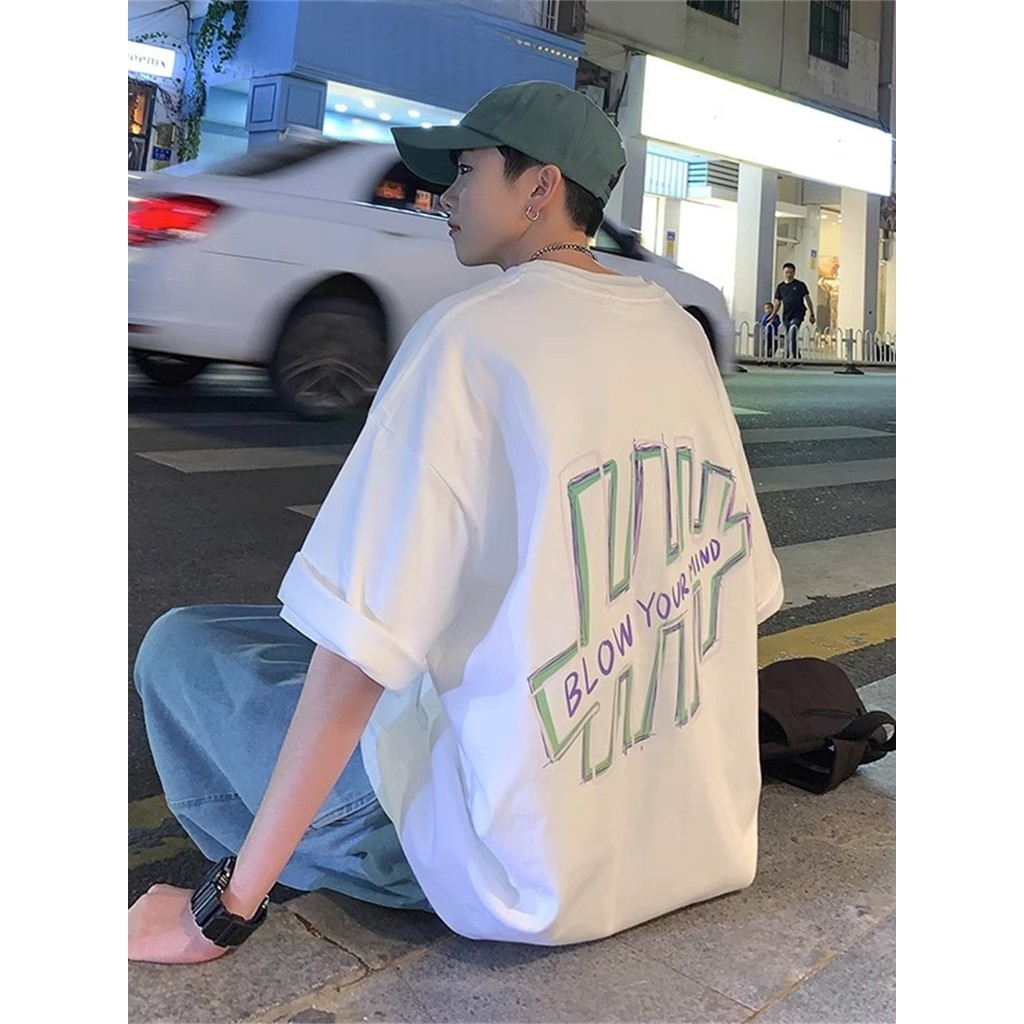Estilo Hong Kong 100% algodão pesado camiseta de manga curta masculina solta carta impressa topo ins Street Wear All-Mat