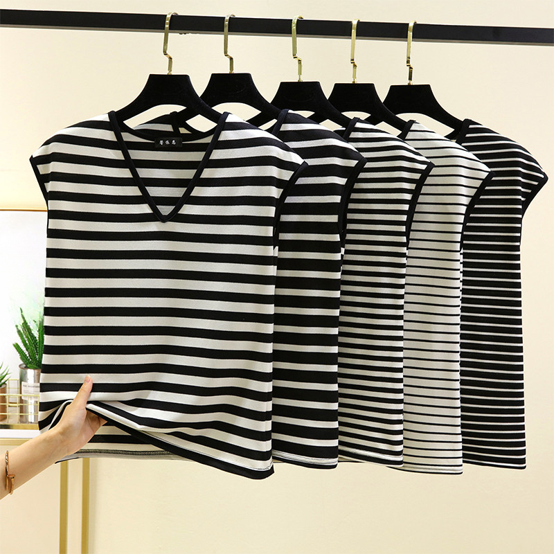 Algodão humano com decote em v de manga curta camiseta feminina verão estilo fino interior preto branco listrado camisa 