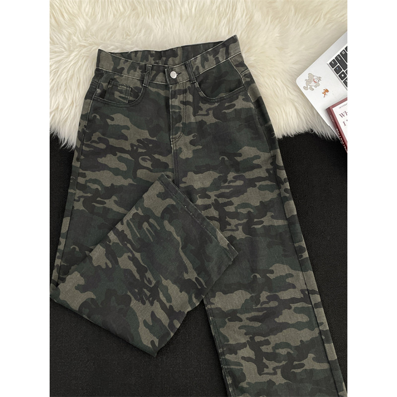 Americano Retro camuflagem Jeans masculino vibe street Wear rua macacão reto nicho lavado calças compridas de perna larg