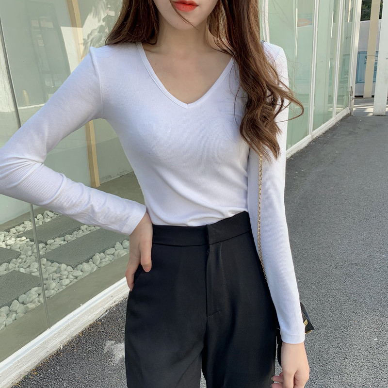 2026 primavera outono inverno com decote em V camisa de fundo feminina estilo ocidental camiseta de manga comprida fino 