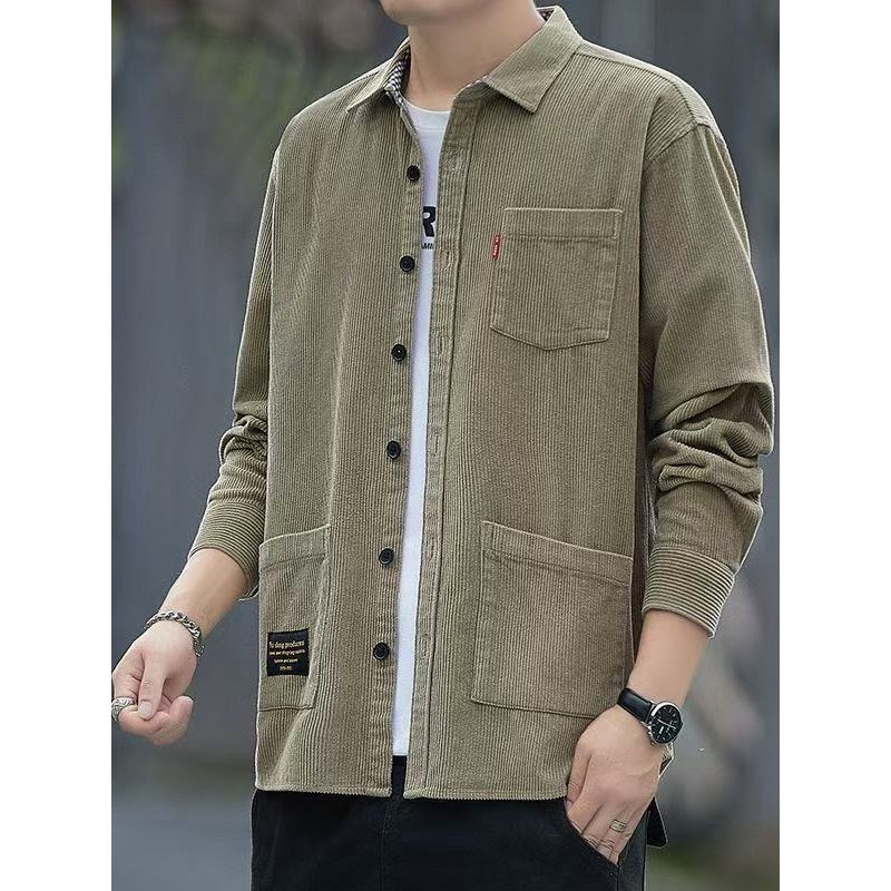 Outono estilo fino veludo Multi-bolso ferramentas camisa de manga comprida masculina solta Casual All-Match quadrado pes