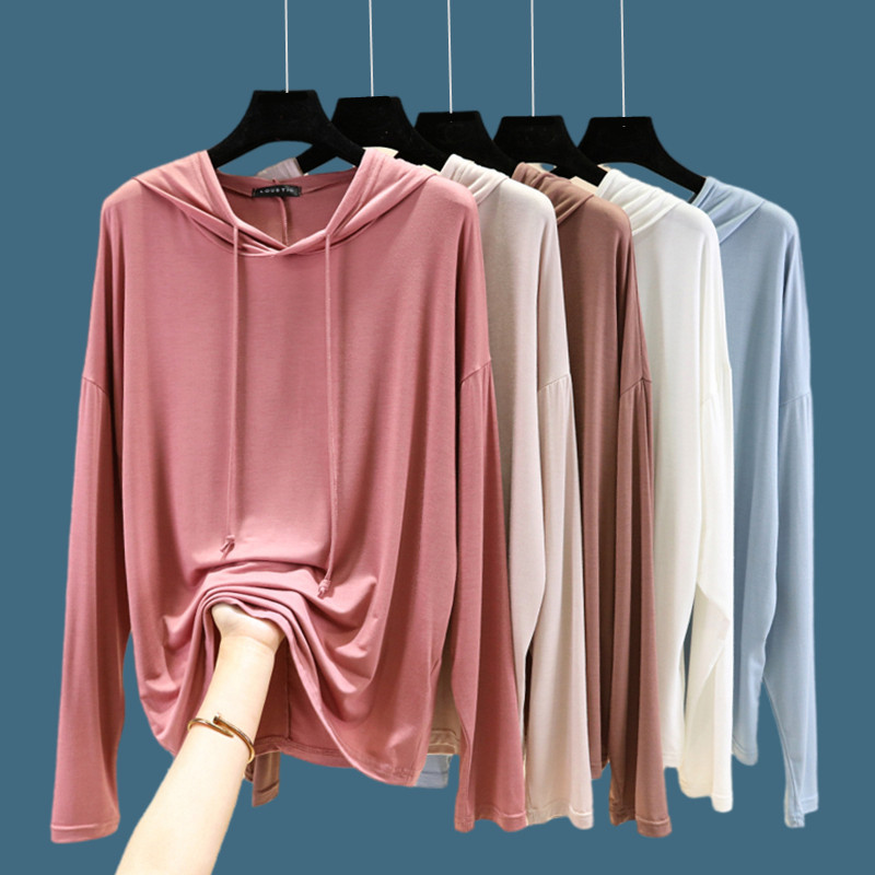 Primavera outono com capuz de manga comprida camiseta feminina Modal solto camisa de fundo tamanho grande mais magro olh