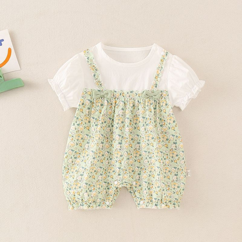 Bebê verão macacão estilo fino puro algodão versão coreana bebê menina Floral macacão da criança de manga curta roupas b