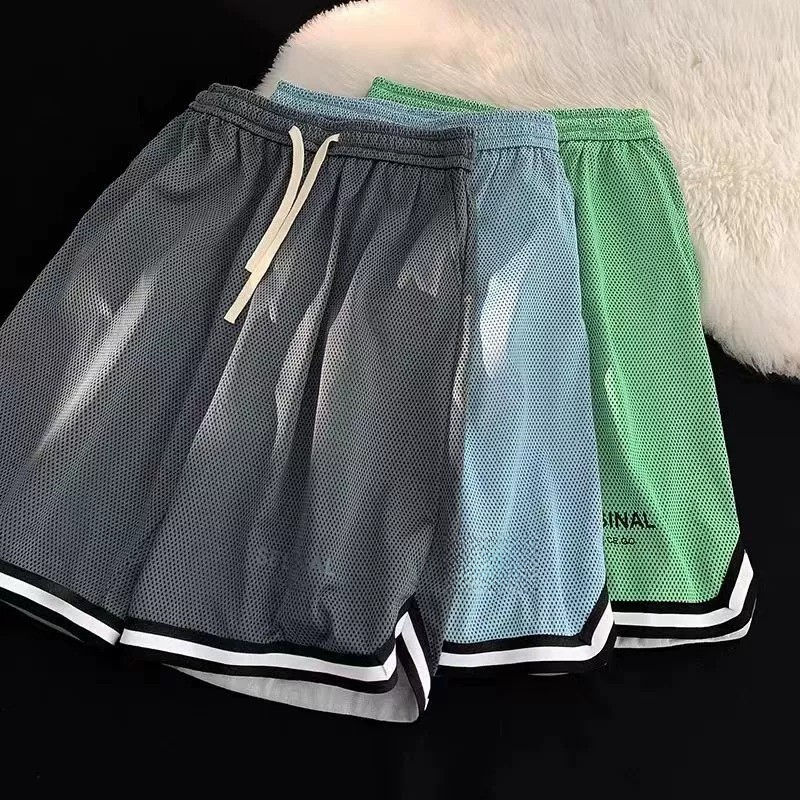 Malha de secagem rápida gelo seda basquete Shorts masculino verão respirável esportes americano Fitness lazer solto calç