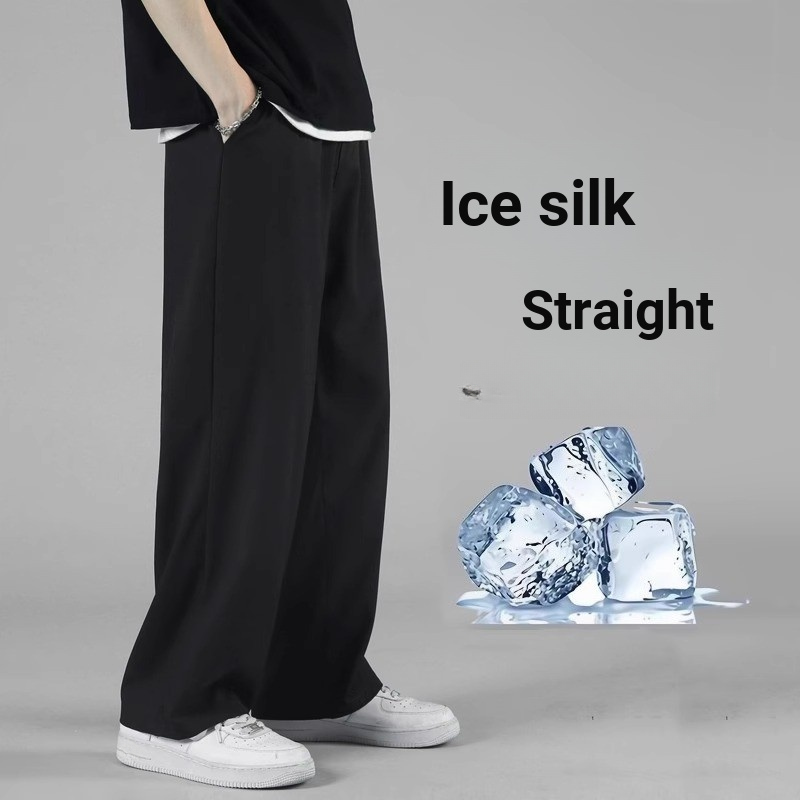 Calças masculinas verão solto em linha reta gelo seda fina calças casuais verão Plus Size calças compridas calças tornoz
