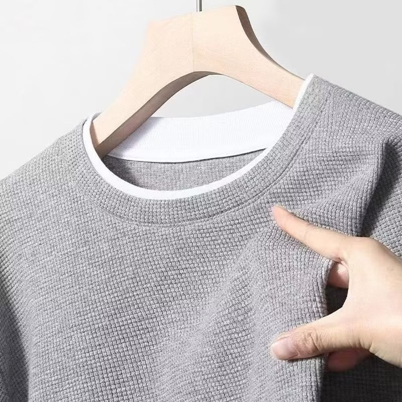 Comércio exterior corte etiqueta Waffle falso de duas peças de manga comprida camiseta masculina primavera outono tamanh