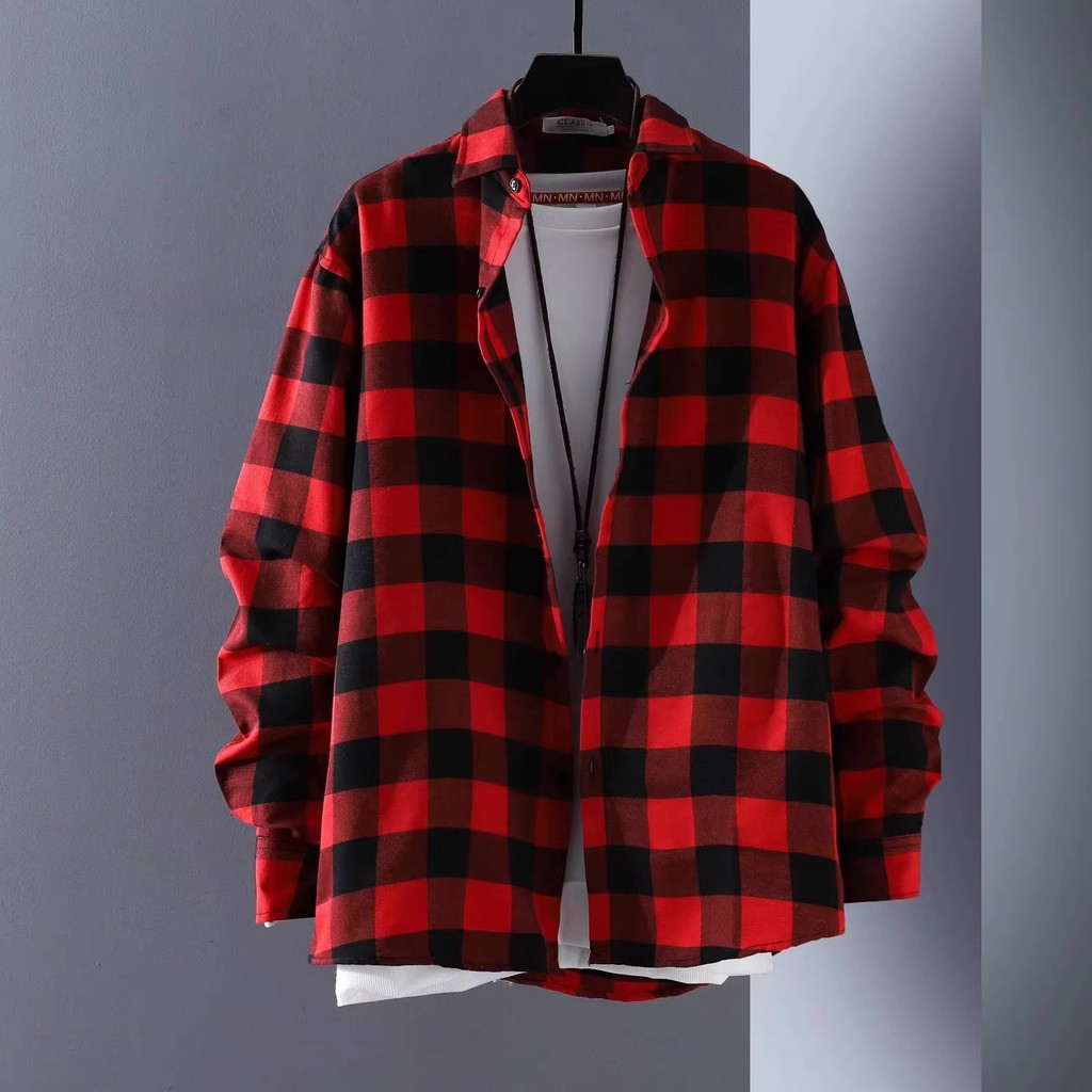 Camisa xadrez de manga comprida masculina primavera outono estilo fino Street Wear All-Match estudante camisa solta verã