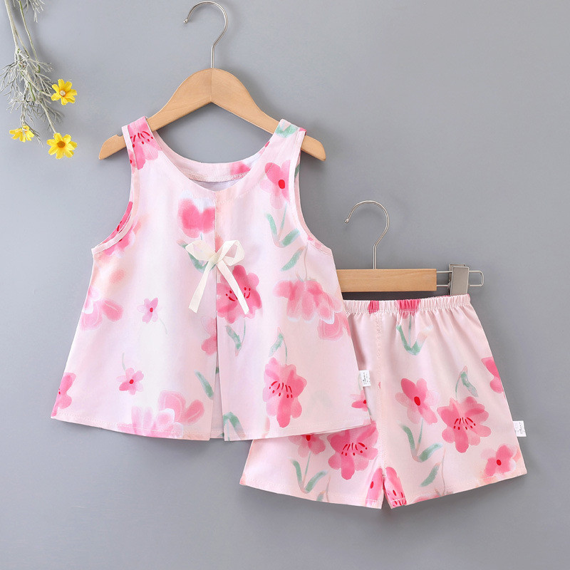 Terno de seda de algodão infantil verão estilo fino moda menina bebê sem mangas Shorts colete algodão seda Loungewear te em Oferta na Shopee