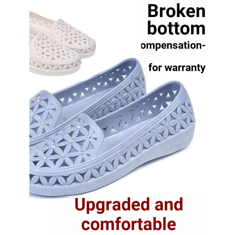 Sapatos de enfermeira brancos ocos respiráveis de sola plana antiderrapante moda strass Baotou sandálias de plástico de 