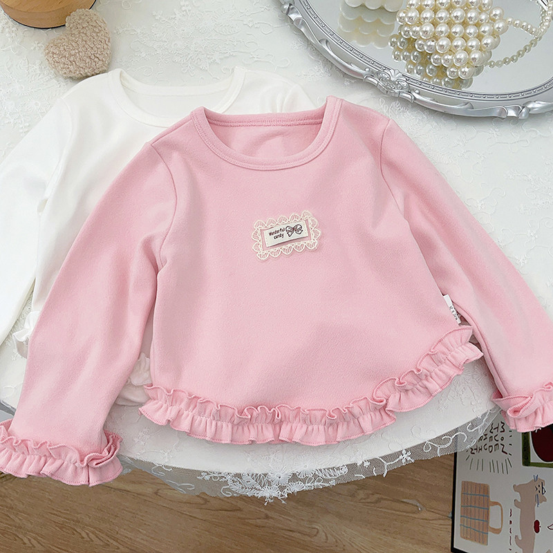 Meninas de manga comprida camiseta estilo princesa estilo ocidental renda cor sólida camisa de fundo primavera outono mé