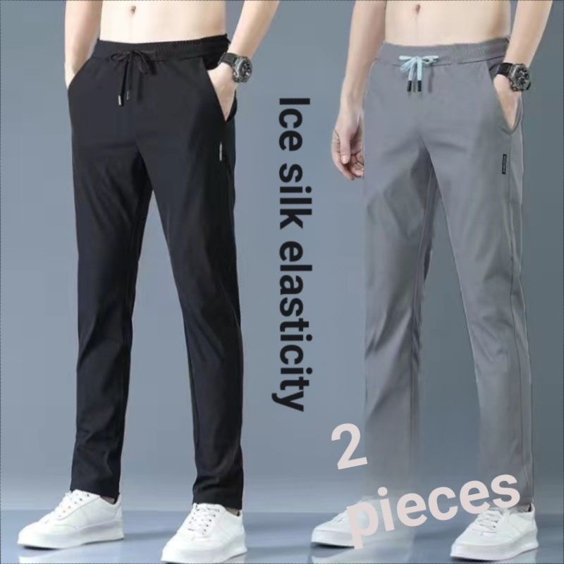 Calças masculinas verão solto em linha reta calças casuais versão coreana na moda estiramento calças de seda gelo não-fe