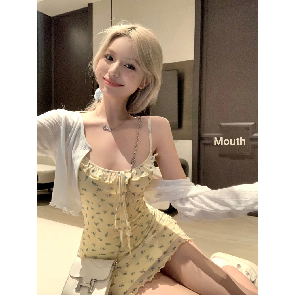 Doce estilo cintura estreita Floral beira-mar férias Suspender saia terno feminino verão estilo fino fino fino-ajuste qu