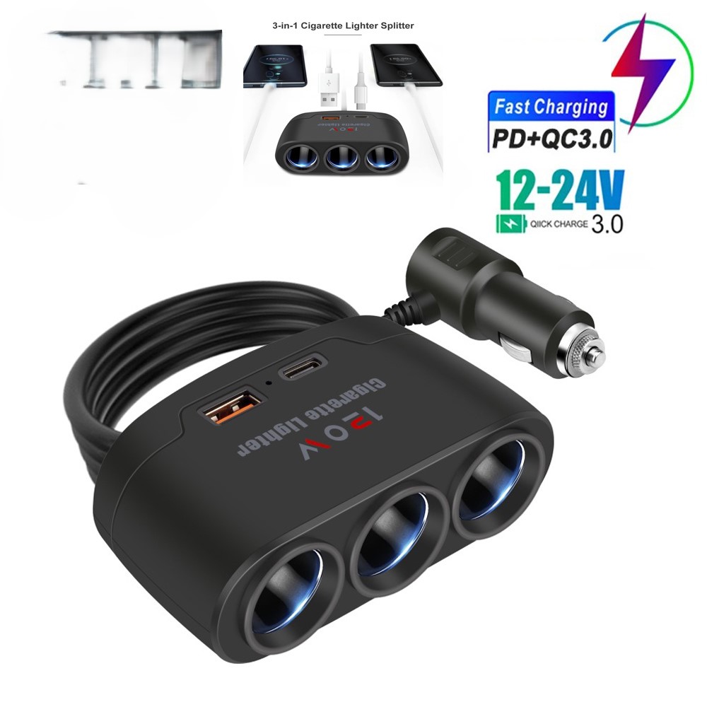 Adaptador De Carregador De Carro 12V/24V , Divisor De Isqueiro De 3 Soquetes , Rápido USB Duplo