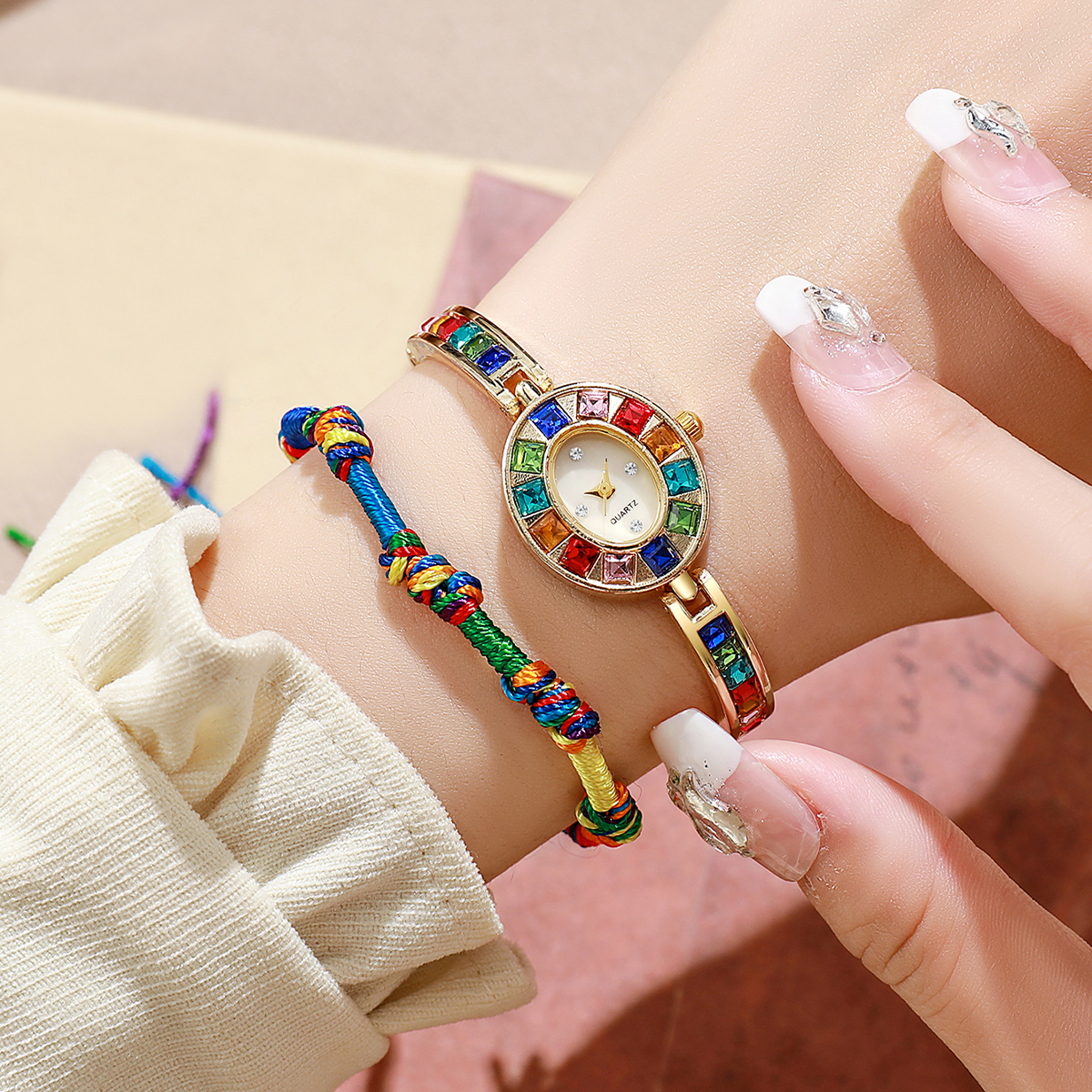 Coleção Moderna De Relógios Femininos Jam Perempuan De 2 Peças : Relógio De Quartzo Com Strass Pulseira E Conjunto De Co
