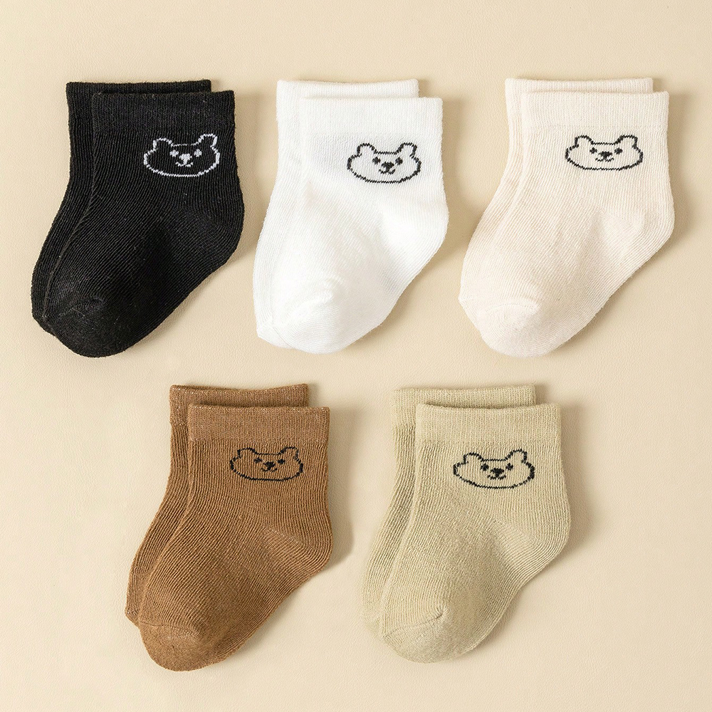 5 Pares de Meias de Bebê Infantil Brancas Macias e Confortáveis com Desenho Animado