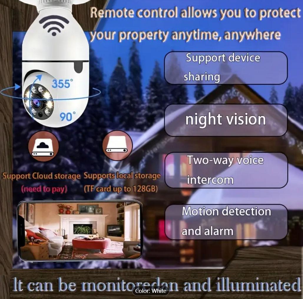 Câmera De Segurança Com Rotação De 360 Graus , Lâmpada À Prova D'água , Mini Infravermelha Sem Fio - detalhe