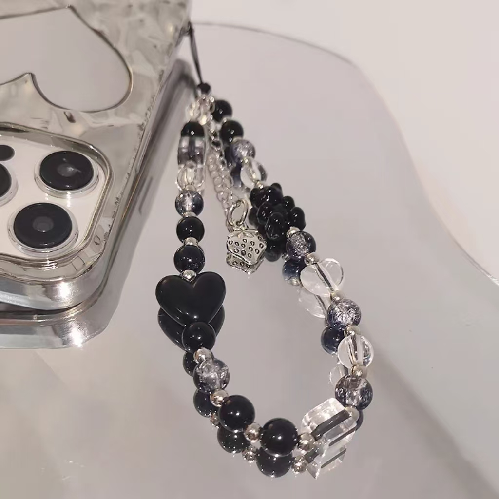 Charme De Telefone De Urso Preto – Pulseira Anti-Perda Com Contas Feitas À Mão E Cordão Para Chaveiro
