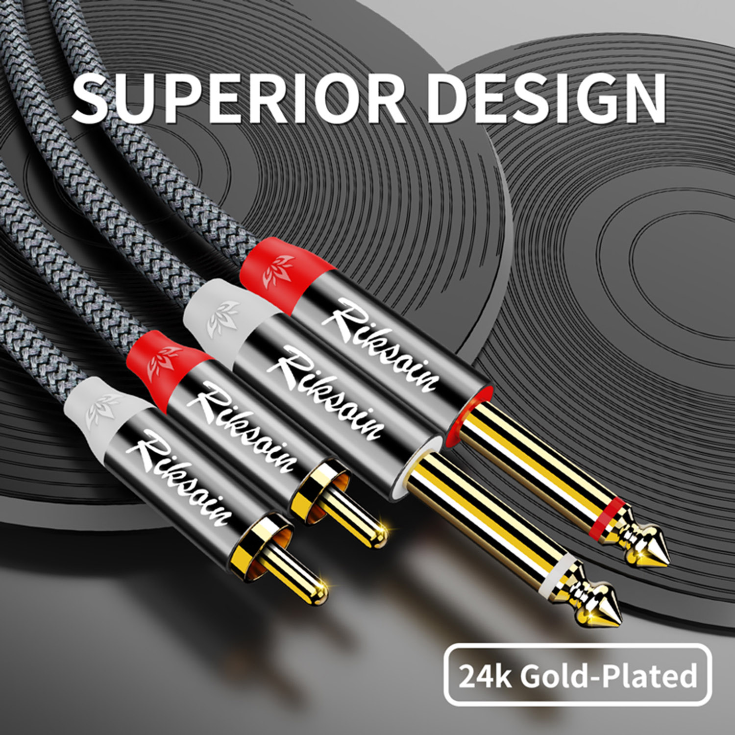 Cabo de Áudio RIKSOIN 2RCA para Duplo 6,35mm 1/4 TRS Trançado para Guitarra, Caixa de Som, Mesa de Som, Profissional