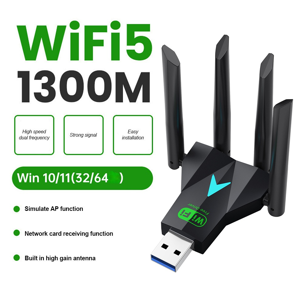 Adaptador Wi-Fi USB 1300Mbps com 4 antenas, cartão de rede, sem necessidade de driver, dual band 2.4G 5Ghz, receptor sem