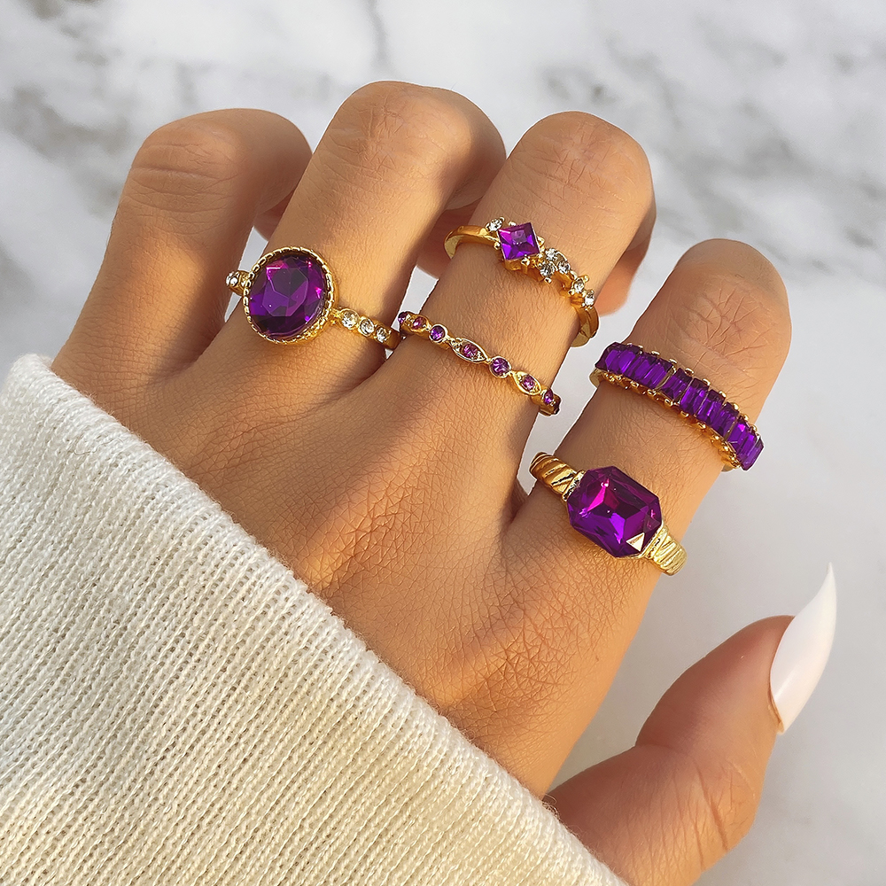 Conjunto De Anel De Pedra Preciosa Roxa Vintage , 5 Peças , Diamante Oval , Joias Elegantes , Presente Feminino