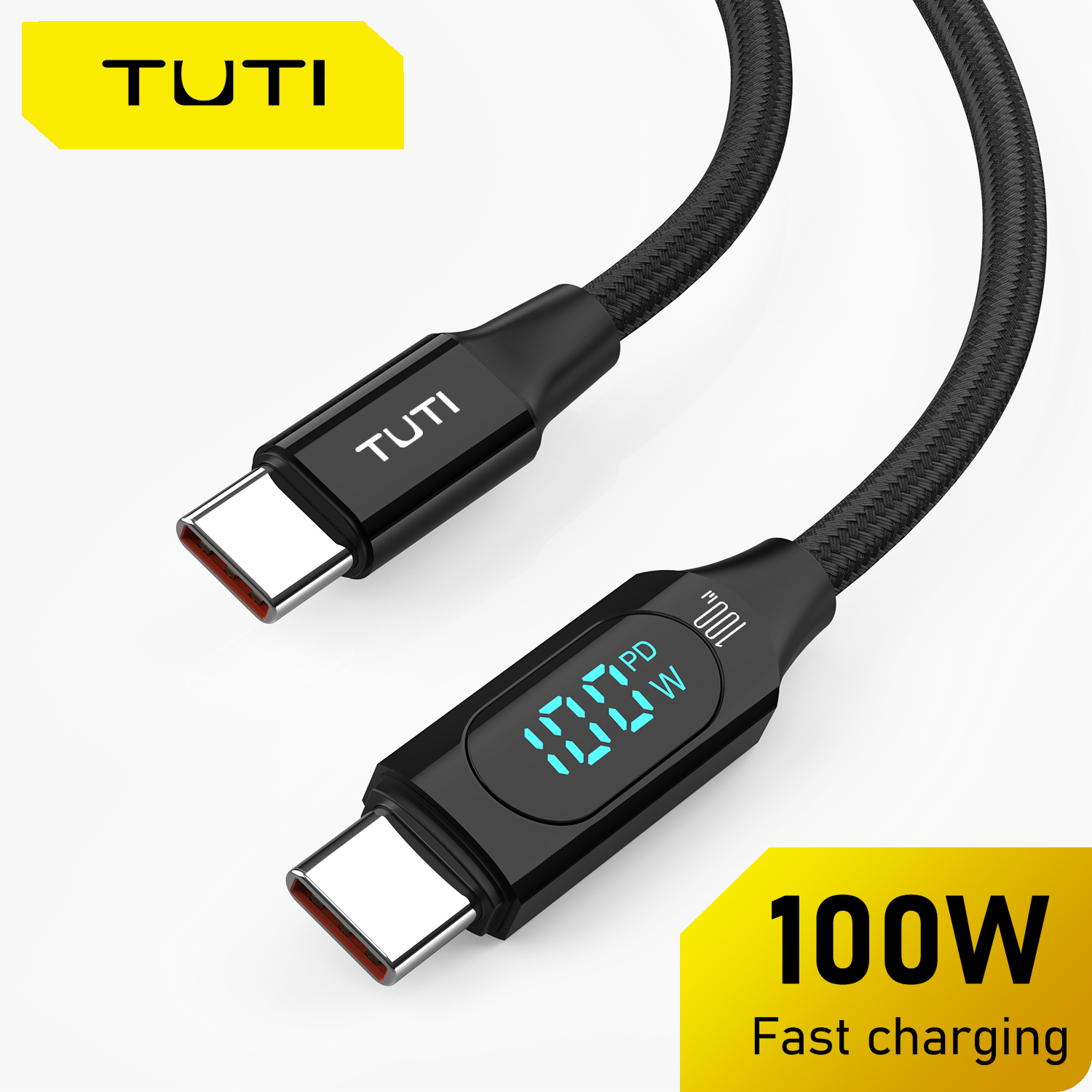 Cabo de Nylon trançado TUTI LED Display 100W/5A carregamento rápido Tipo-C para iPhone 16/16 Pro/16 Pro Max, iPad,