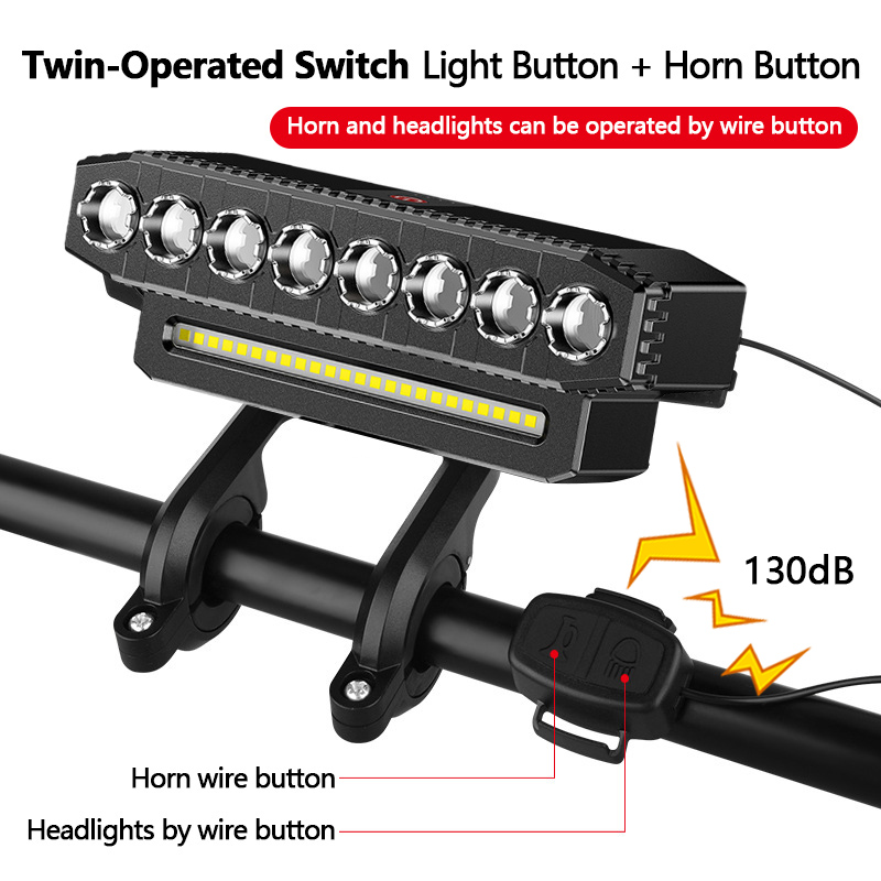Novo farol dianteiro de bicicleta com 8 LEDs e buzina, recarregável, farol de bicicleta com 5 LEDs para segurança em