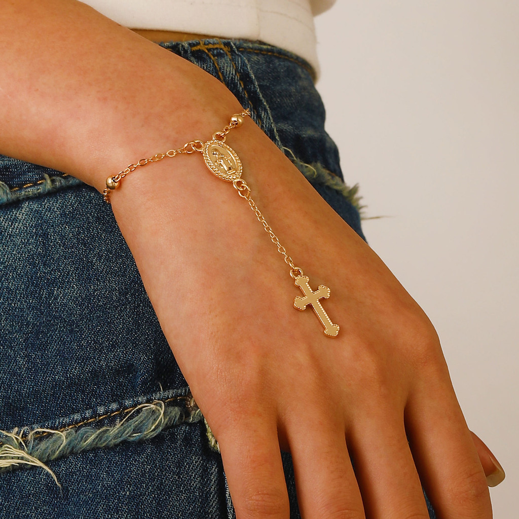 Pulseira de Rosário com contas estilosas e pendente de cruz da Virgem Maria, joia religios...