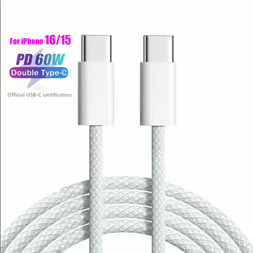 Cabo de Carregamento Rápido Type C para C de 1M e 60W - Cabo USB Anti-Break para iPhone 15 a 16 Pro Max, Samsung, iPad