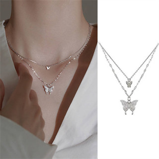 Colar Com Pingente De Borboleta De Camada Dupla Para Mulheres Corrente De Clavícula Elegante Strass Brilhante