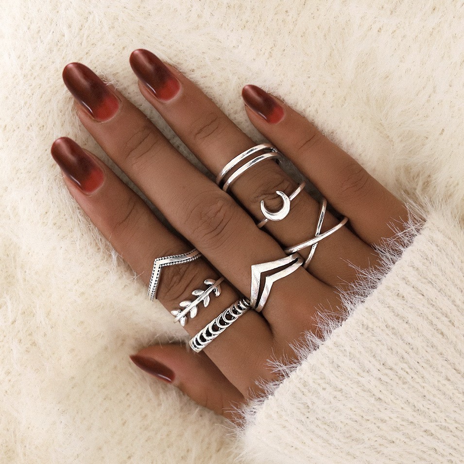 7 Peças Conjunto de Anéis de Lua Cruzados Vintage para Mulheres, Minimalista, Empilhável, Bijuteria Boho, Presente