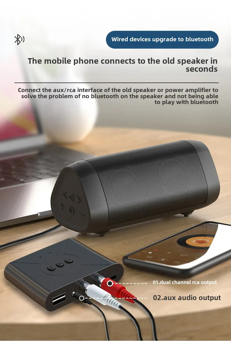 Receptor Bluetooth 5.0 NFC com saída 3.5mm AUX RCA USB e microfone para música estéreo e alto-falante de carro. - detalhe