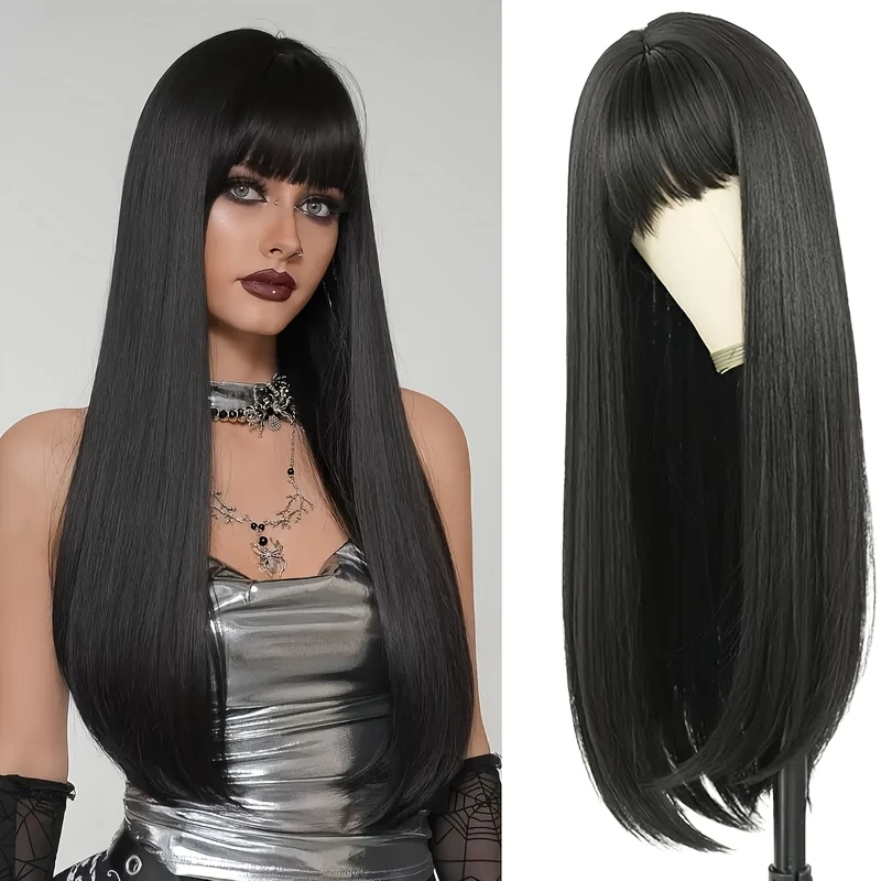 Peruca Sintética Reta Preta De 70 Cm Com Franja-Resistente Ao Calor , Aparência Natural Para Uso Diário , Cosplay E Hall em Oferta na Shopee
