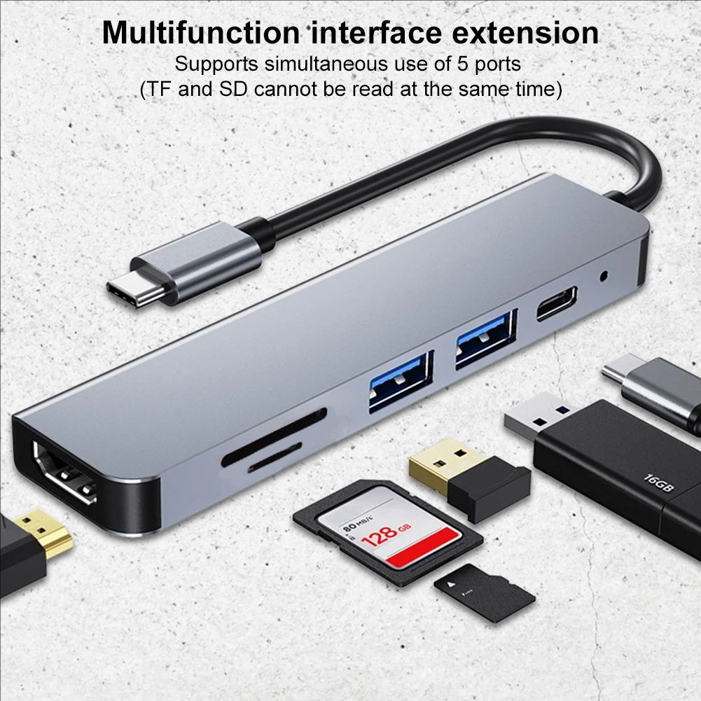 Type C Hub 6 Em 1 Adaptador De Leitor De Cartão TF SD Para Laptop PC Multi Portas HDMI 4K USB3.0 100W PD Charge