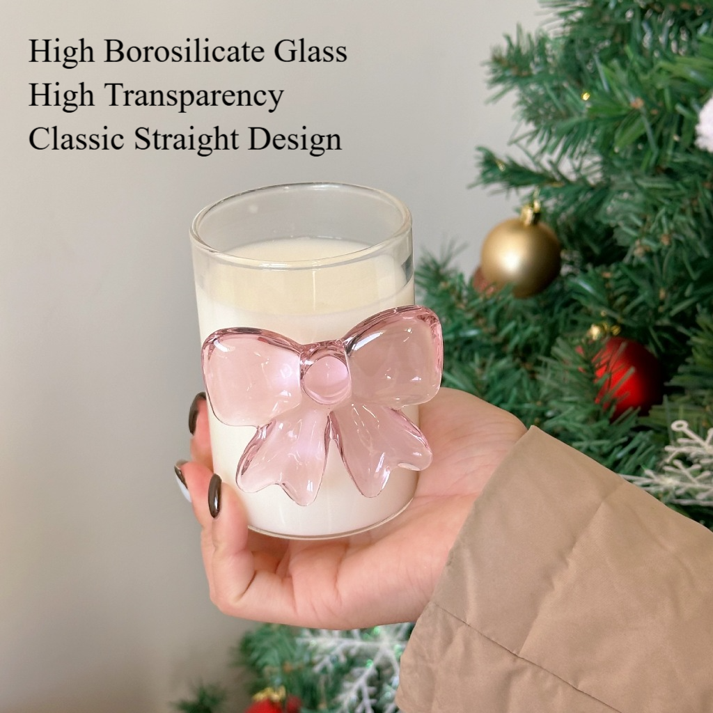 Copo de Vidro Transparente com Laço Rosa Feminino - Elegante e Resistente ao Calor para Leite, Suco e Sobremesa