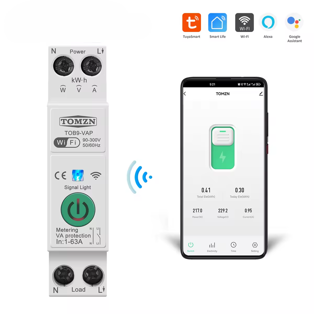 Para TUYA 63A WiFi/Zigbee MCB Disjuntor Inteligente Sobre Corrente Sob Tensão Proteção Medição De Energia